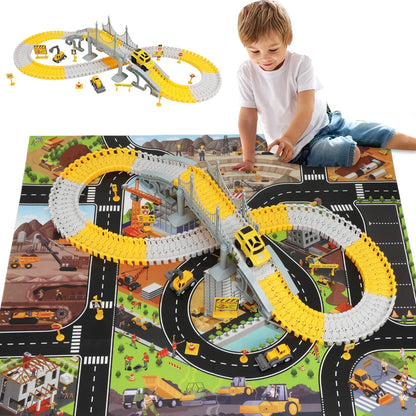 Anpro 180PCS Construction Toys Race Track Set for Kids, DIY Flexible Track Playset with Engineering Cars and Playmat, Create a Engineering Road Games Gift Toys for Age 3+ Boys
