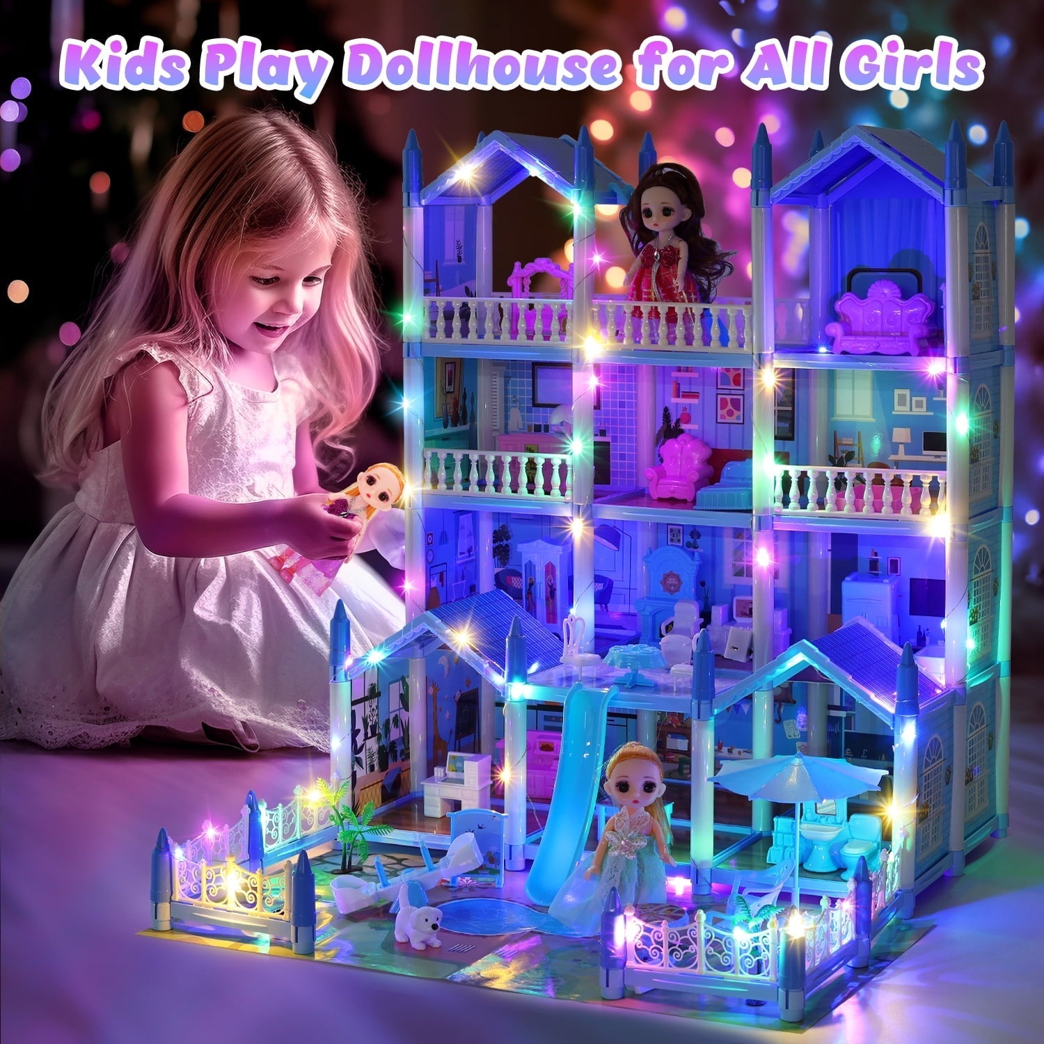 JoyStone Play Dollhouse with Doll Toy Figures, 14 Rooms Furniture and Colorful Lights, Creative Doll House Gift for Girls Ages 3+, Assemble Required, Pink