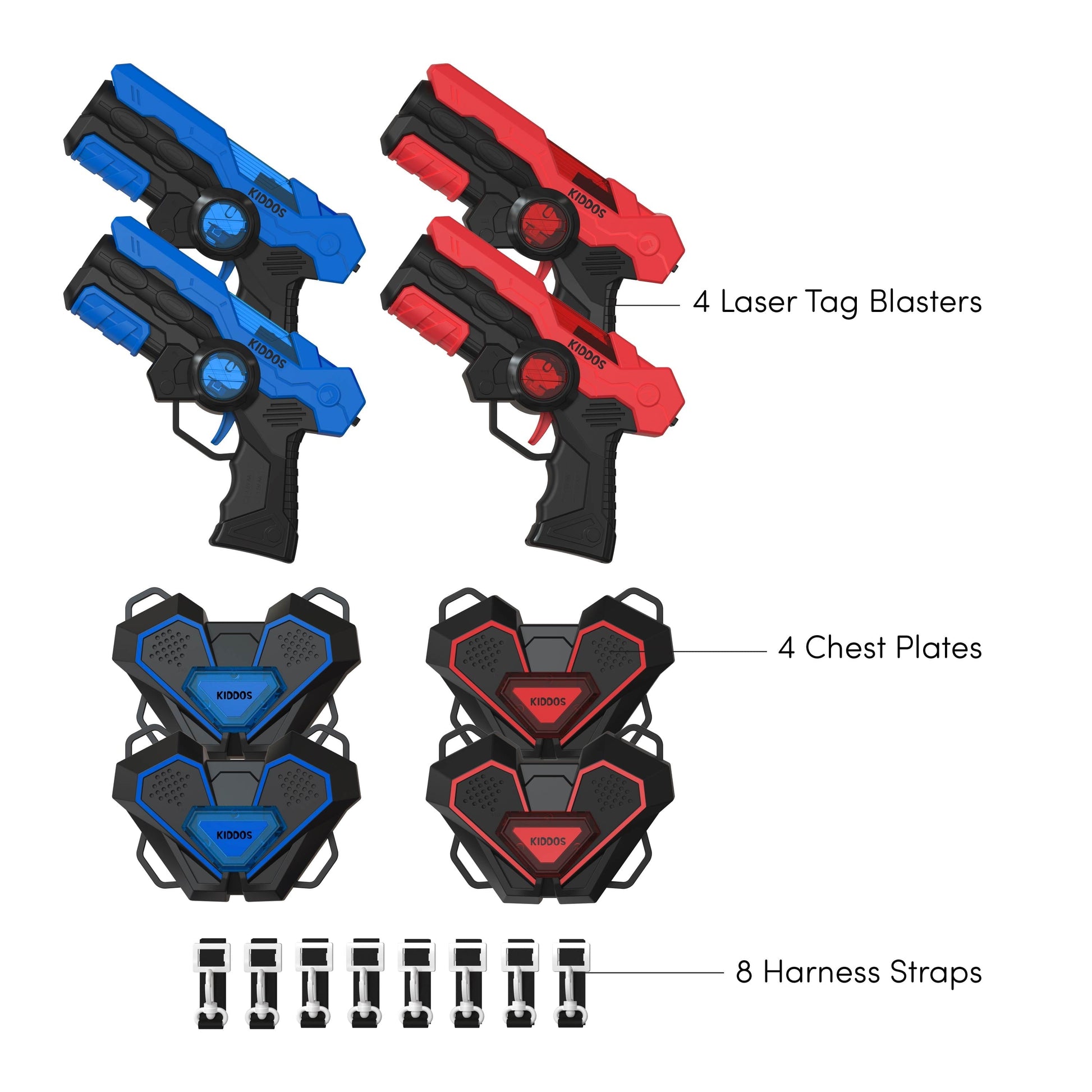 Kiddos Laser Tag Blasters Set, Battery Powered Laser Tag Guns and Chest Plates, Blue & Red, Set of 4