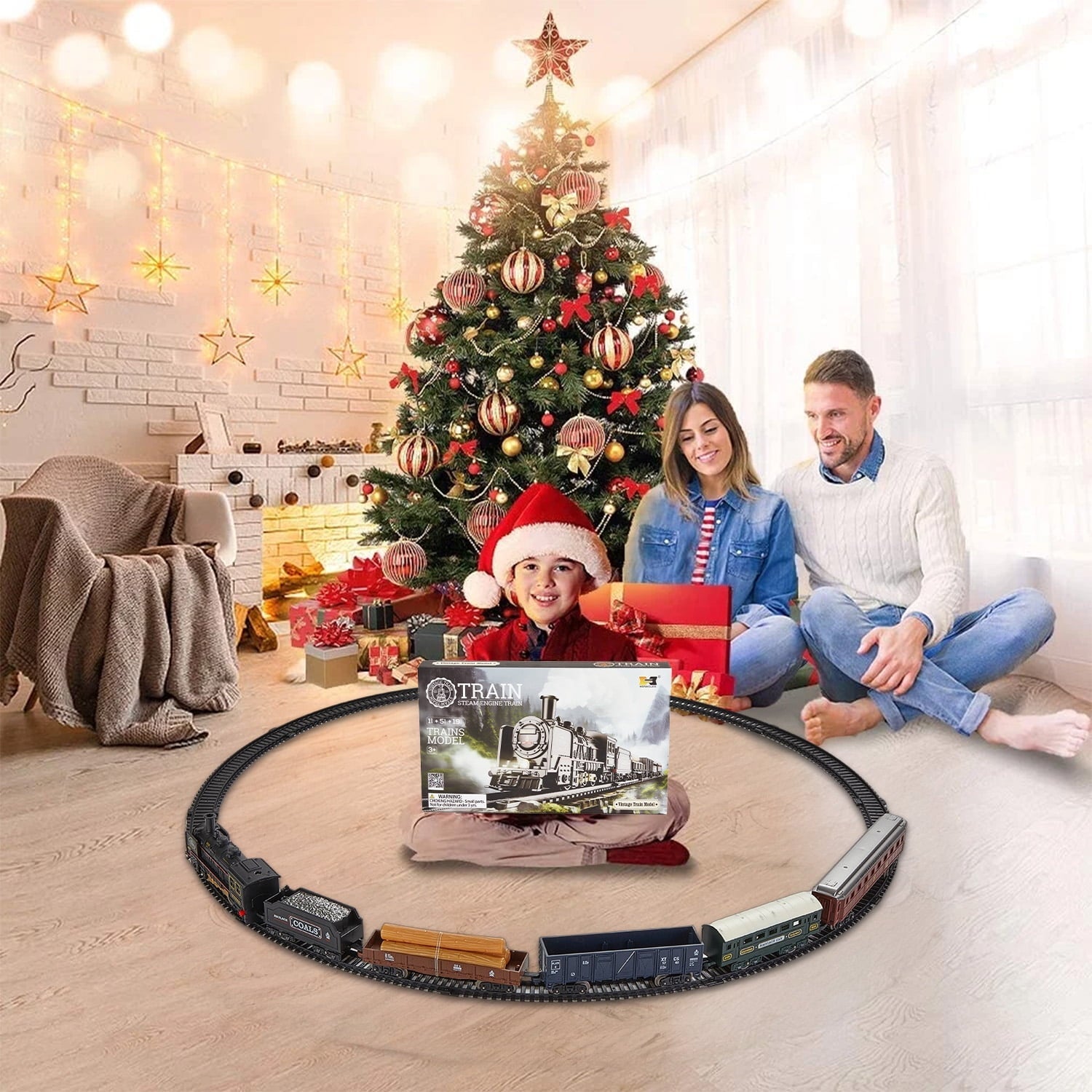 Petbank Train Set for Kids, Electric Train Toys with 5 Cars, Music &Lights , Christmas Train Tracks Toys Gifts for Boys Girls Ages 3+