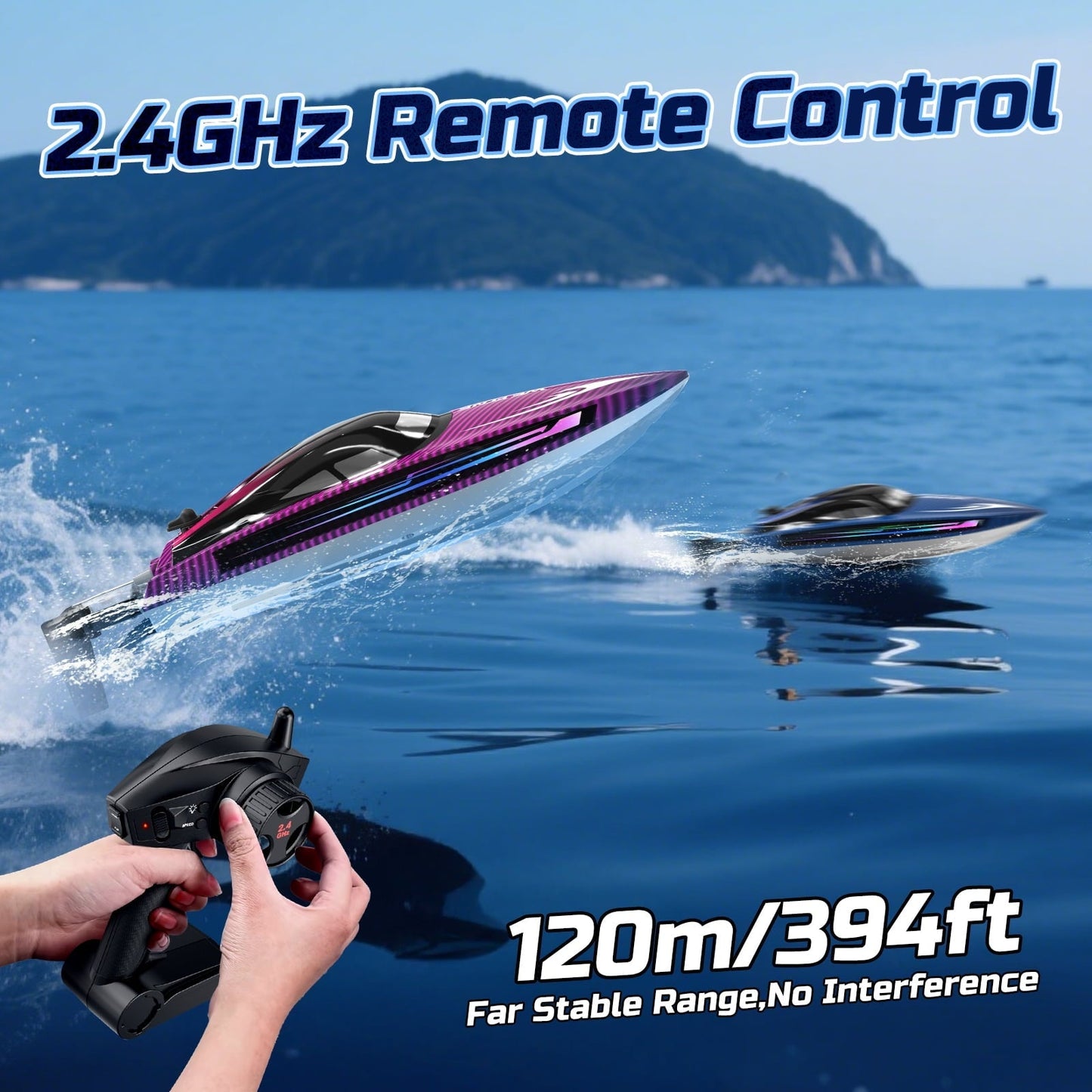 RC Boat for Adults and Kids, WeFone WF17 Remote Control Boat for Pools & Lakes, 2 Batteries, Purple