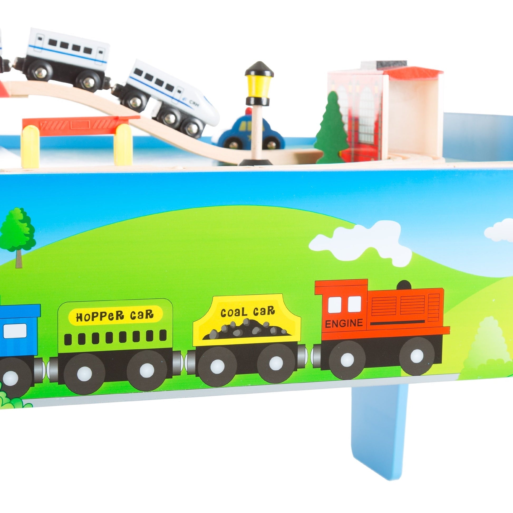Hey Play 75-Piece Wooden Train Set with Illustrated Toy Storage Play Table