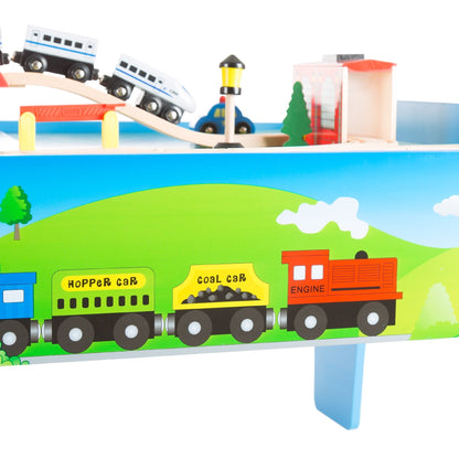 Hey Play 75-Piece Wooden Train Set with Illustrated Toy Storage Play Table