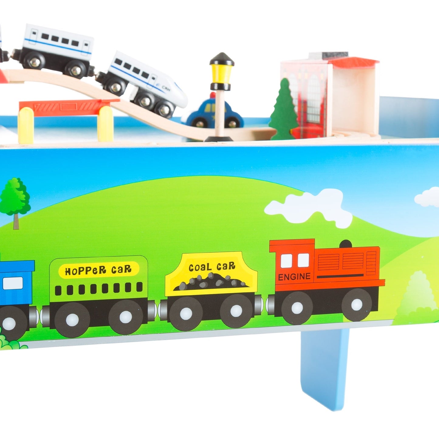 Hey Play 75-Piece Wooden Train Set with Illustrated Toy Storage Play Table