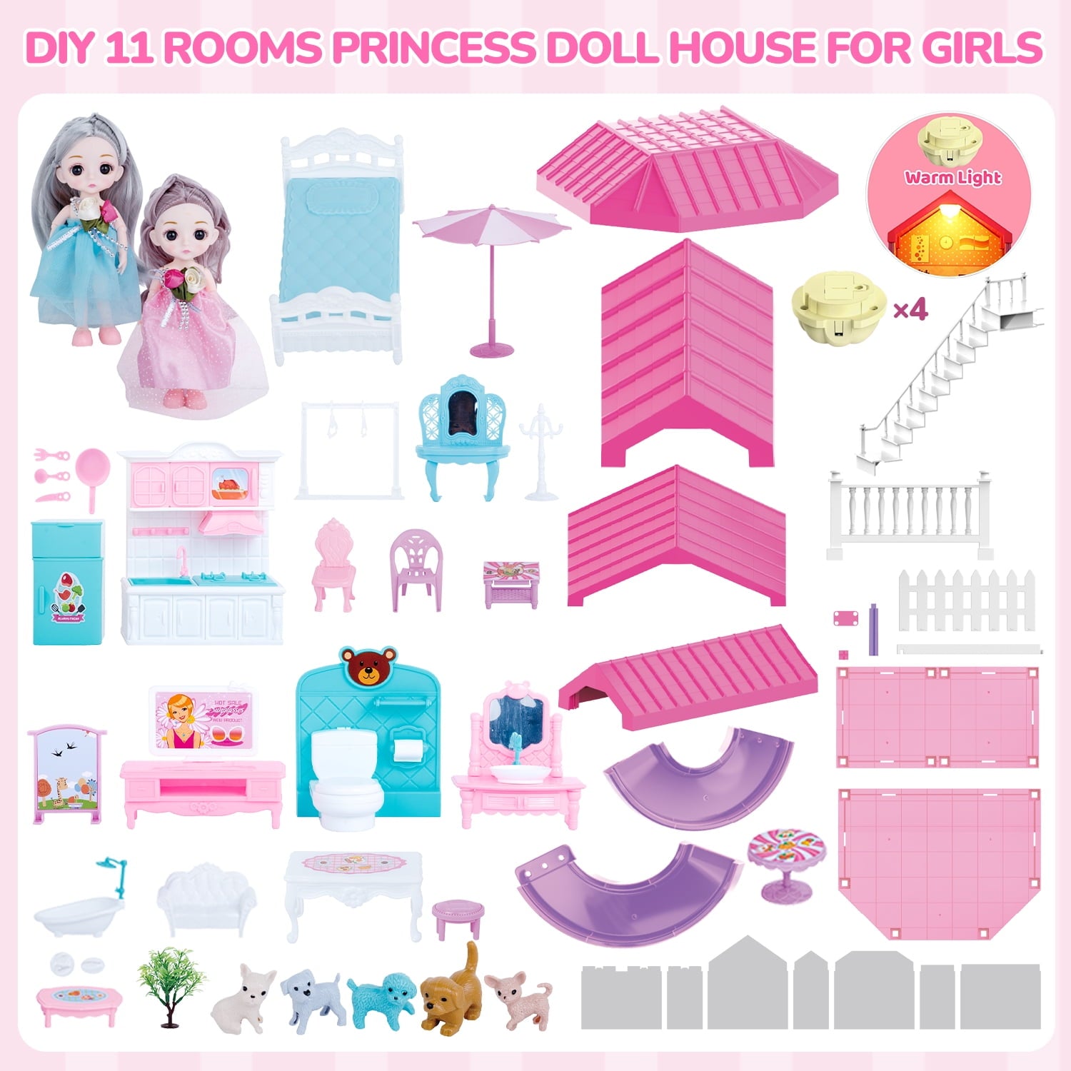 Hot Bee 36 inch Dollhouse Playset Girl Toys, 11 Rooms with Doll Toy Figures Toddler Playhouse Christmas Birthday Gifts for 3 4 5 6 7 Year Old Girls