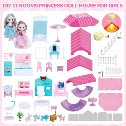 Hot Bee 36 inch Dollhouse Playset Girl Toys, 11 Rooms with Doll Toy Figures Toddler Playhouse Christmas Birthday Gifts for 3 4 5 6 7 Year Old Girls