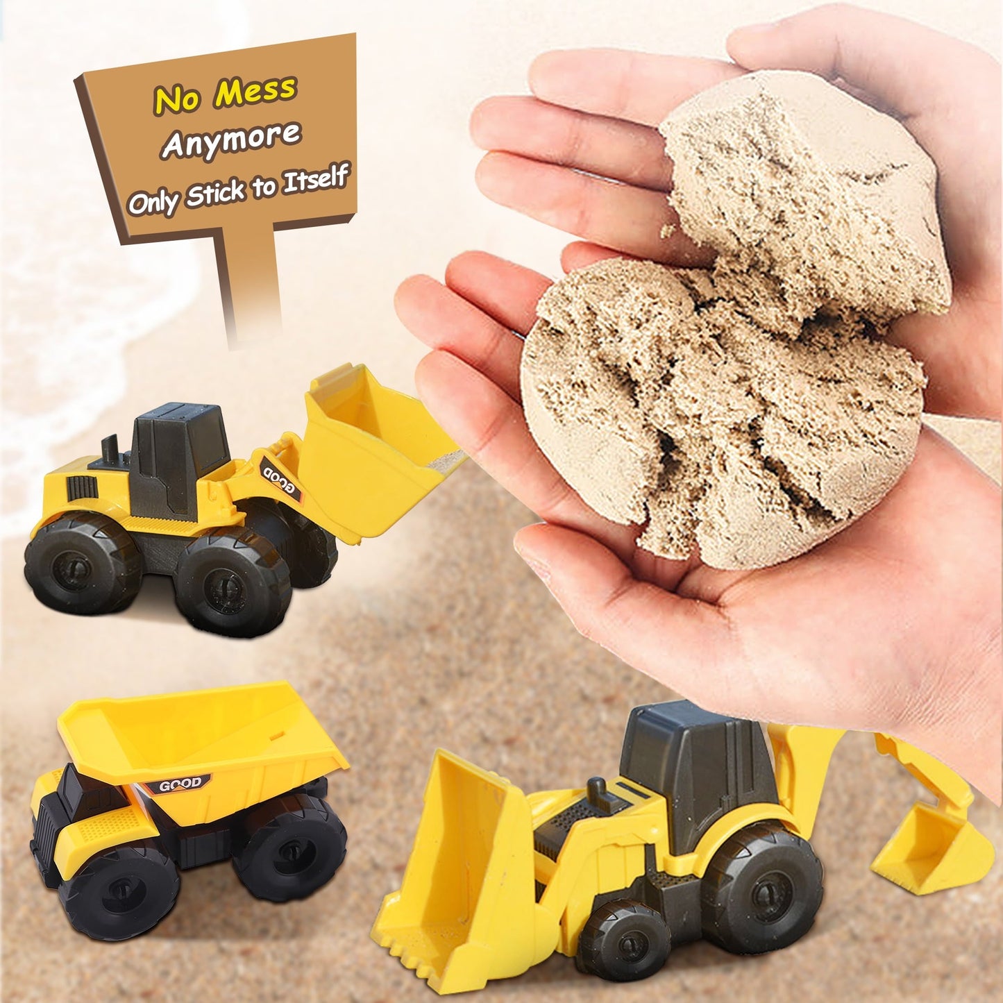 DR.Planzen Play Construction Moving Sand Kit - Sensory Bin with 2lbs Moving Sand 3 Large Construction Trucks,16 Construction Toys & Signs,4 Castle Molds,Sensory Toys for Children