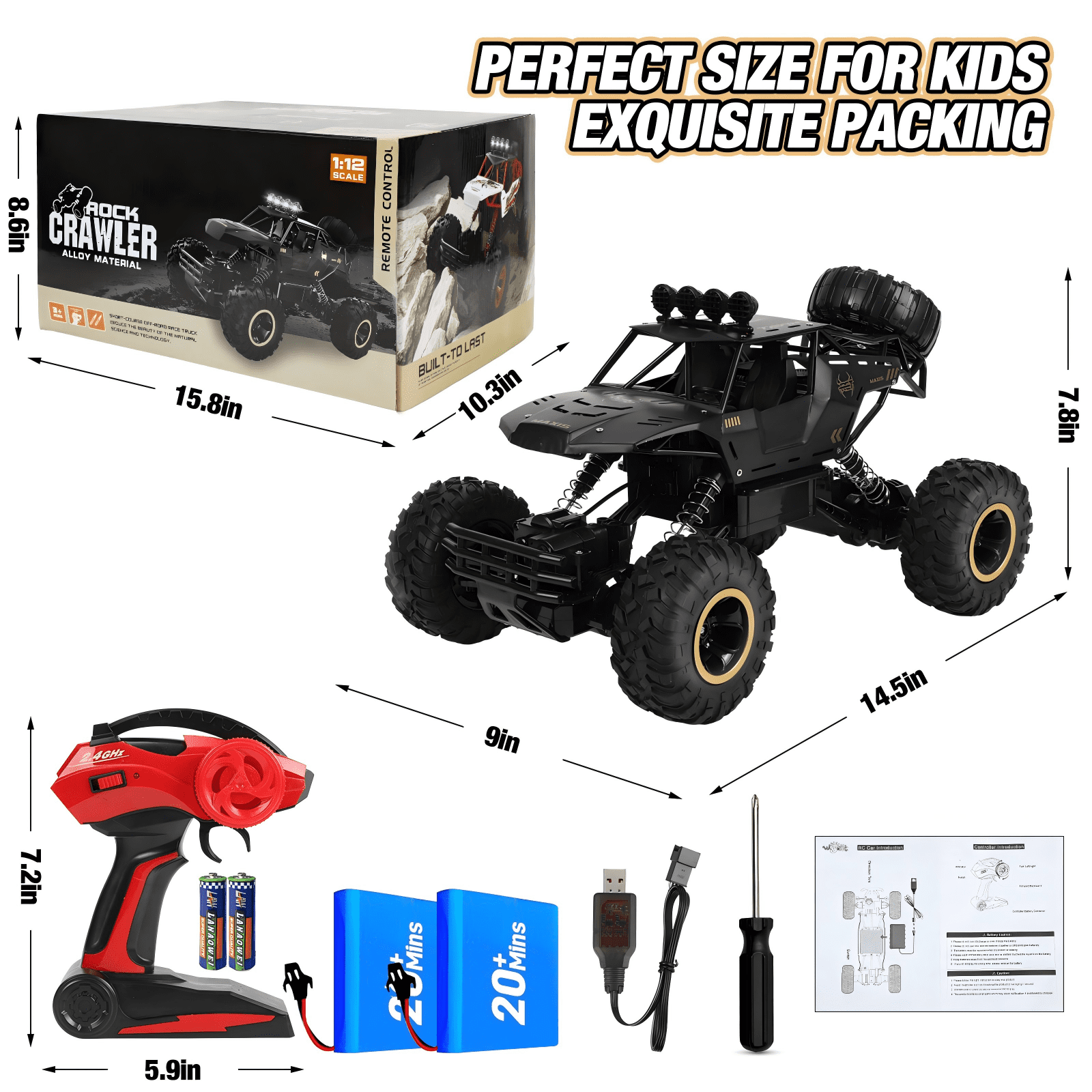 Tcovle 1:14 RC Cars, 40+ KM/H Fast RC Monster Truck Remote Control Car with Metal Drivetrain, 4WD All-Terrain, 2 Batteries, RC Toy Car Gift for Kids, Teens & Adults