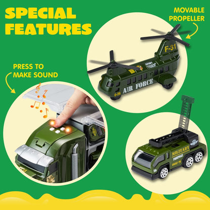Joyfy 25 in 1 Die-cast Military Army Play Vehicle Set, Vehicles with Sounds and Lights in Carrier Truck, Push and Go Car Toy, Kids Christmas Birthday Gifts for 3 4 5 6 Years Old Boys