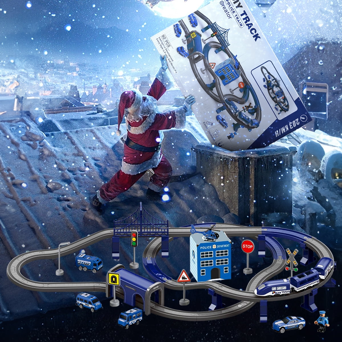 Toys Train Set for Kids, HDJ 92PCS Race Track Set for Boys Christmas Train Birthday Gift,Police Toy with Cars, Copter(Blue)