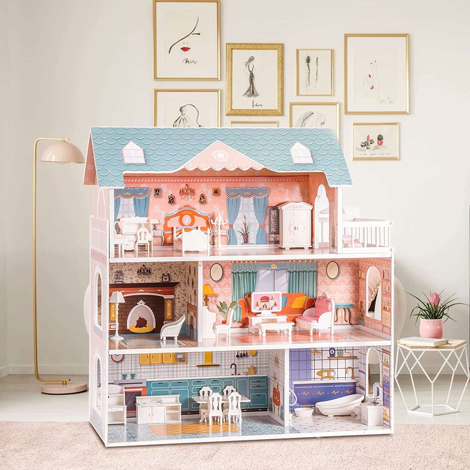 Robud Lady Wooden Dollhouse,3 Story with Balcony,28 Accessories Toy Gift for 3+Years Kid Girls