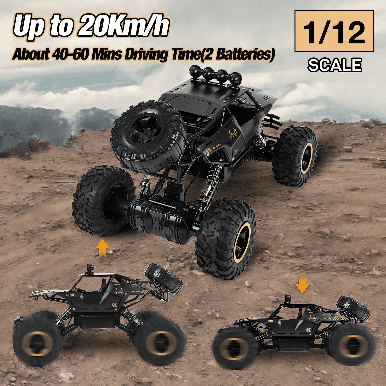 Tcovle 1:14 RC Cars, 40+ KM/H Fast RC Monster Truck Remote Control Car with Metal Drivetrain, 4WD All-Terrain, 2 Batteries, RC Toy Car Gift for Kids, Teens & Adults