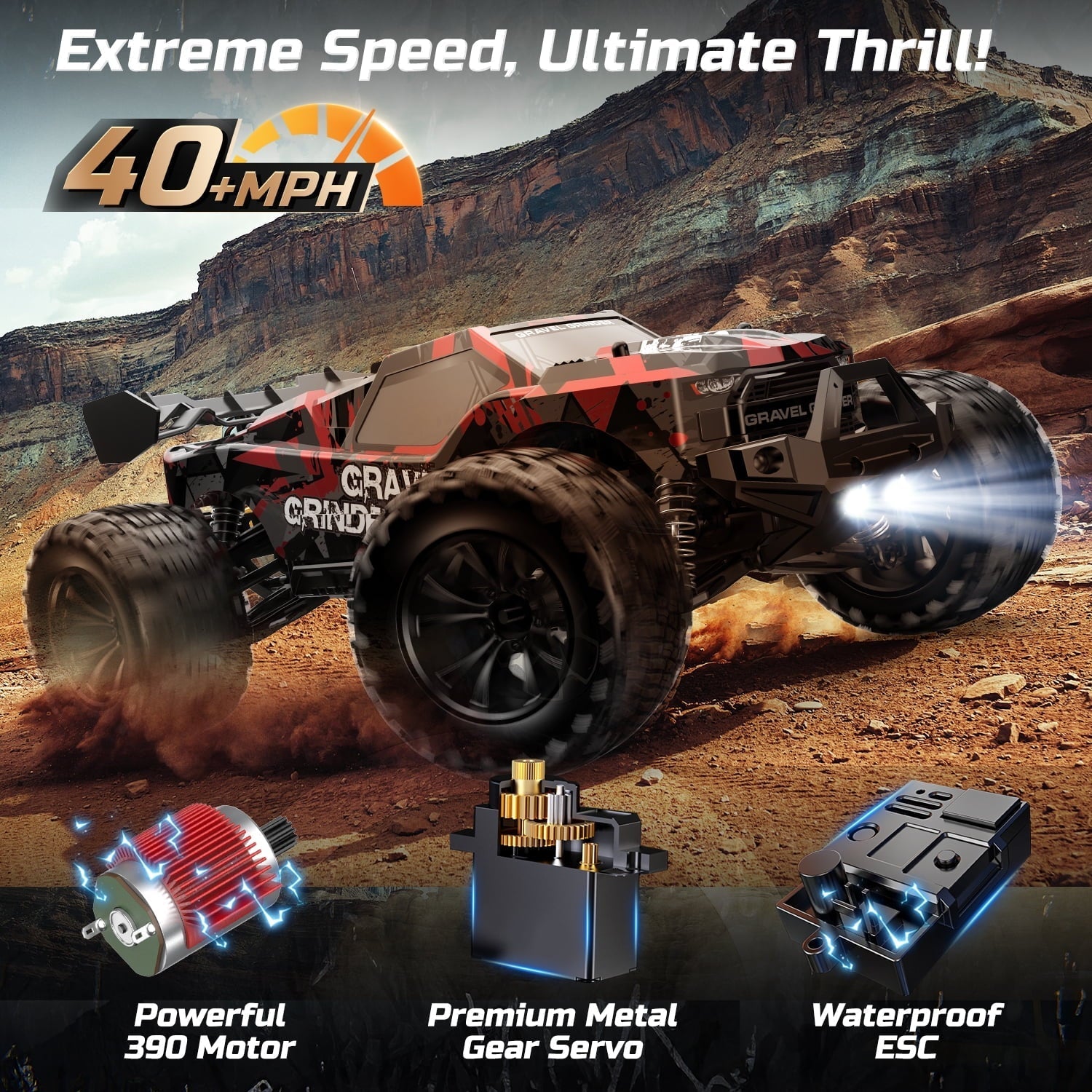 JoyStone 1:10 Large Scale RC Car, 35+MPH Fast Remote Control Car with Lights, 4WD Off-Road Monster Crawler Truck Toy for Adults Boys with 2 Batteries
